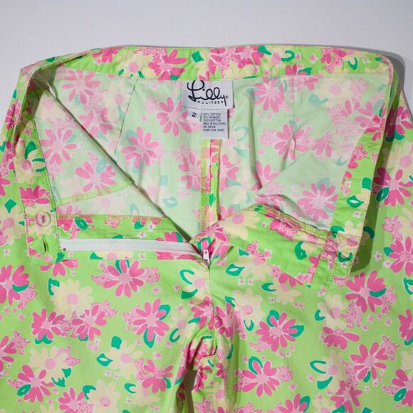 VTG Lilly Pulitzer White Label Crop Pants Green Pink Rhinoceros Flowers Women 2 - Picture 6 of 11
